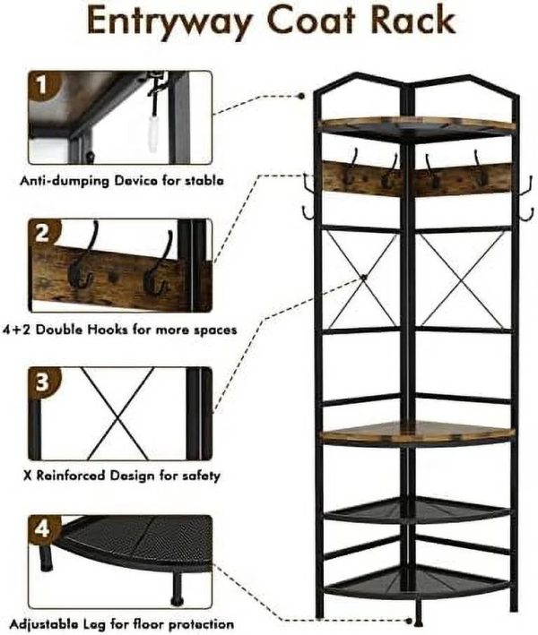 MQLIFEBOOM 3-in-1 Entryway Coat Rack Industrial Hall Tree Corner Cloth Rack with Bench Hallway Coat and Shoe Rack for Corner Entryway Organizer with Metal Shoe for Hallway Corner Ent - Image 3