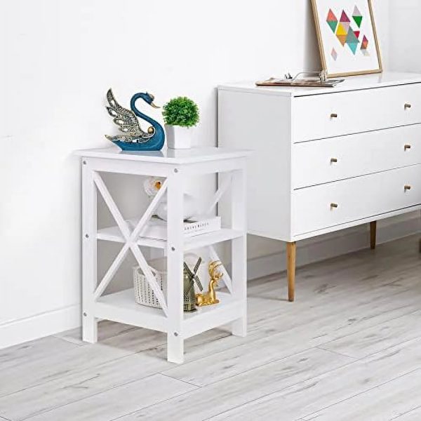 ASDRFYU 3-Tier End/Side/Sofa/Table with Shelves Wooden X-Design Nightstand for Small Space Living Room Bedroom Office Bathroom White - Image 6