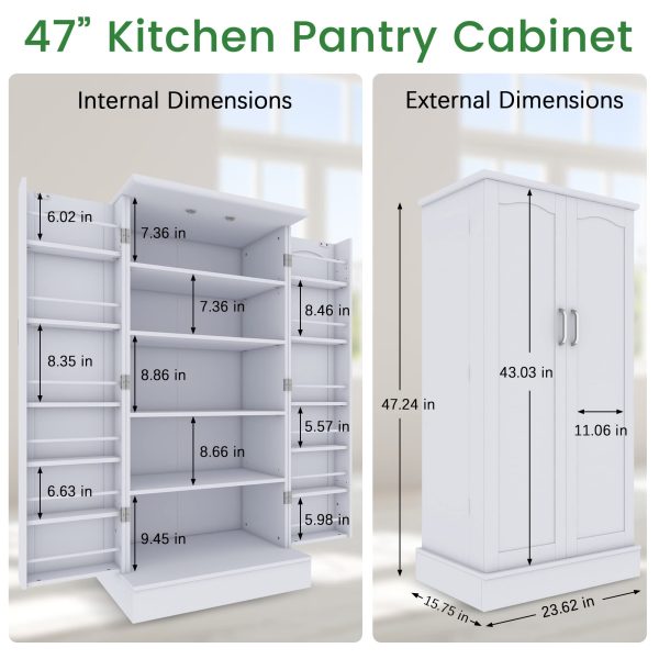 Jehiatek 47u201d Kitchen Pantry Cabinet, White Freestanding Buffet Cupboards Sideboard with Doors & Adjustable Shelves, Kitchen Pantry Storage Cabinet for Kitchen, Living Room and Dinning Room - Image 2