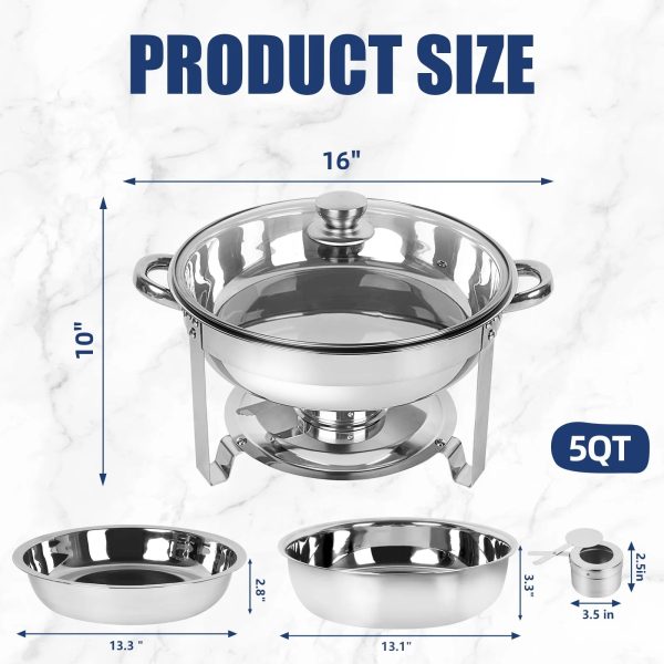 IMACONE 5QT Chafing Dish Buffet Set 2-Pack with Glass Lid, Stainless Steel Round Chafer Set for Catering - Image 3