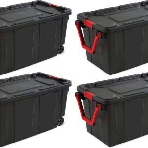 HUHAN 14699002 40 Gallon/151 Liter Wheeled Industrial Tote, Black Lid & Base w/Racer Red Handle & Latches, 4-Pack