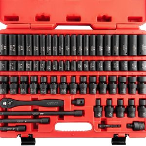 NEIKO 02471A Impact Socket Set, 3/8” Drive, 67 Piece, Metric and Standard Master Socket Set with Shallow & Deep Sockets, Ratchet, Swivel Sockets, Extension Bars, Adapters, Cr-V & Cr-Mo