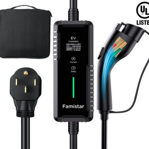 Famistar 32 Amp Level 2 EV Charger - 25 Ft Portable Charger with NEMA 14-50P 240V J1772 Charging Cable Adjustable&Smart Timing Charging in EV Charging Station