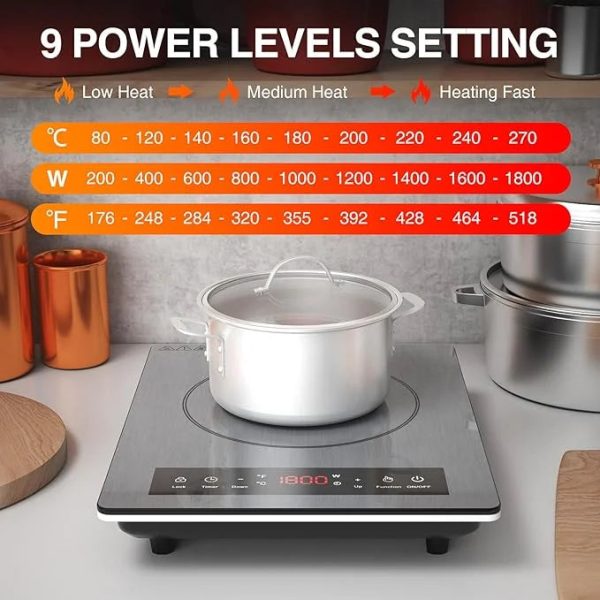 Portable Induction Cooktop,Hot Plate Electric Countertop Single Burner 1800W, Sensor Touch Stove with Digital Led Display, Timer and Child Safety Lock - Image 5
