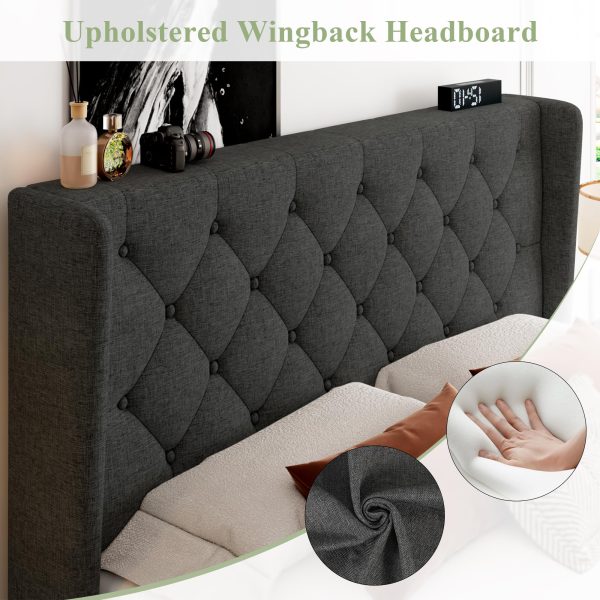 Feonase Full Size Bed Frame with Upholstered Wingback Headboard, Platform Bed and Heavy Duty Wooden Slats Support, Easy Assembly, Noise-Free, No Box Spring Needed, Dark Gray - Image 4