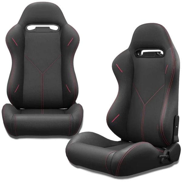 2PC Universal Bucket Racing Seats Red Stitch Red PVC Leather Reclinable Carbon Look Leather Back With Adjustor Slider (Not Including Seat Bracket ) - Image 2