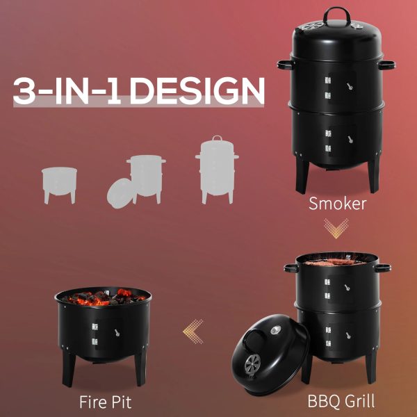 Outsunny Vertical Charcoal BBQ Smoker, 3-in-1 16" Round Charcoal Barbecue Grill with 2 Cooking Area, and Thermometer for Outdoor Camping Picnic Backyard Cooking, Black - Image 3