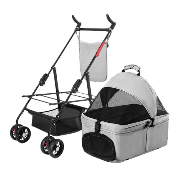 iMounTEK Pet Stroller with 4 Wheels, Outdoor Foldable Dog Cage Stroller with Removable Liner Storage Basket for Dog Cat, Gray - Image 10