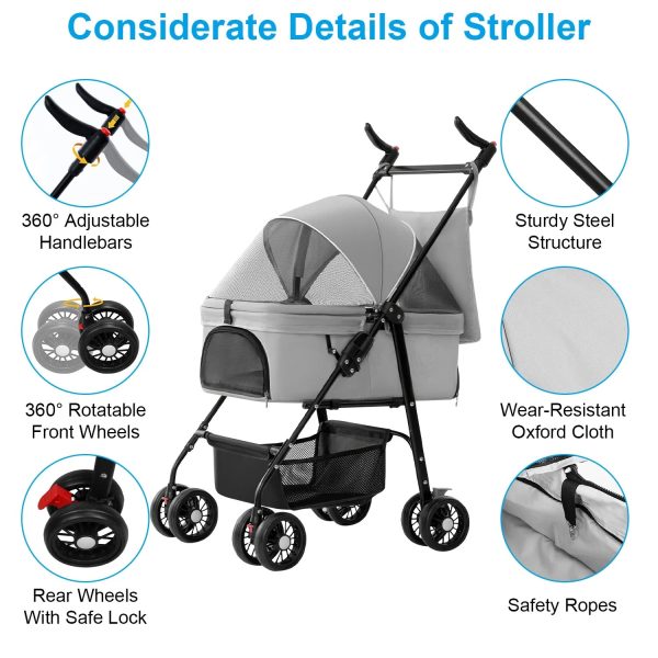 iMounTEK Pet Stroller with 4 Wheels, Outdoor Foldable Dog Cage Stroller with Removable Liner Storage Basket for Dog Cat, Gray - Image 2