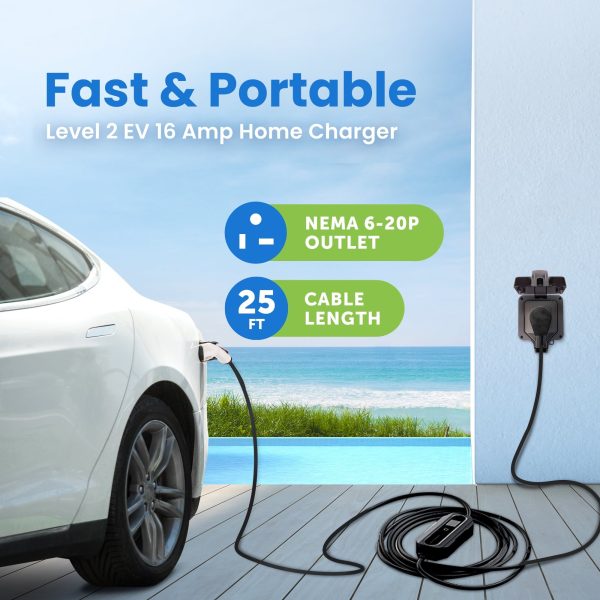 EV+ 16A EV Charging Station, Portable Electric Vehicle Charger, Level 2 EV Home Charging Station, 25-ft Cord SAE J1772 EV Charging Cable with NEMA 6-20, Travel Case, EVSE Level 2 Charging Station - Image 2
