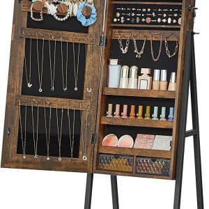SONGMICS LED Jewelry Cabinet Standing Lockable Jewelry Armoire with Full-Length Mirror Space-Saving Jewelry Organizer Box with Mirror Bottom Drawer and Shelf Gift Idea Rustic Brown