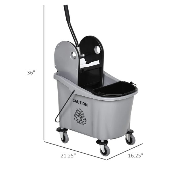 HOMCOM 9.5 Gallon (38 Quart) Mop Bucket with Wringer Cleaning Cart, 4 Moving Wheels, 2 Separate Buckets, & Mop-Handle Holder, Grey - Image 7