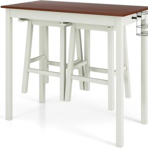 3-Piece Bar Table Set - Counter Height Pub Table w/ 2 Stools, 2 Wine Holders, Rubber Wooden Legs, Space-Saving Dinette Table Set for Bar, Kitchen, Living Room, Cream White & Walnut