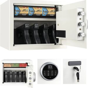 Security Biometric Fingerprint Safe, Steel Lock Box Safe for Home/Office/Hotel, Secure Handgun, Documents, Jewelry, Valuables - White