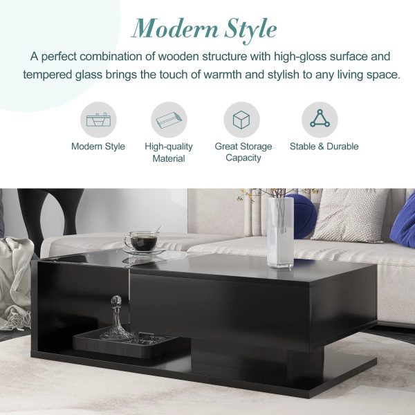JQCX Modern Coffee Table with Tempered Glass,Wooden Cocktail Table with High-gloss UV Surface,2-Tier Rectangle Center Table for Living Room - Image 3