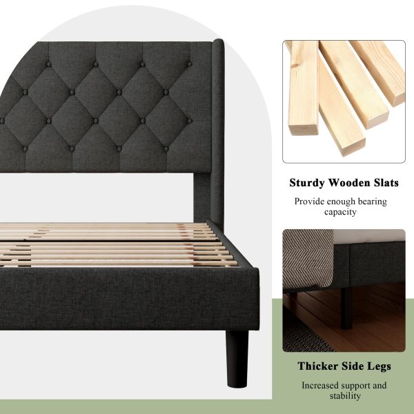 Feonase Full Size Bed Frame with Upholstered Wingback Headboard, Platform Bed and Heavy Duty Wooden Slats Support, Easy Assembly, Noise-Free, No Box Spring Needed, Dark Gray - Image 6