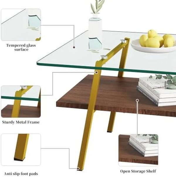 MQLIFEBOOM Glass Coffee Table Mid Century 2 Tier Rectangle Accent Table Tempered Glass Top & Wood Center Table for Living Room Apartment Small Space (Brown Glass/Coffee Brown) - Image 6