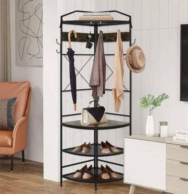 MQLIFEBOOM 3-in-1 Entryway Coat Rack Industrial Hall Tree Corner Cloth Rack with Bench Hallway Coat and Shoe Rack for Corner Entryway Organizer with Metal Shoe for Hallway Corner Ent - Image 8