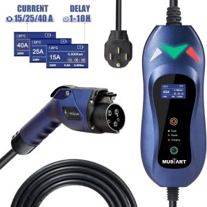 MUSTART Level 2 Portable EV Charger (240 Volt, 25ft Cable, 15/25/40 Amp Adjustable) Electric Vehicle Charger Plug-in EV Charging Station with Delay Function (NEMA 14-50P)