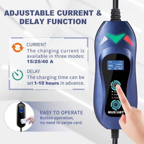 MUSTART Level 2 Portable EV Charger (240 Volt, 25ft Cable, 15/25/40 Amp Adjustable) Electric Vehicle Charger Plug-in EV Charging Station with Delay Function (NEMA 14-50P) - Image 4