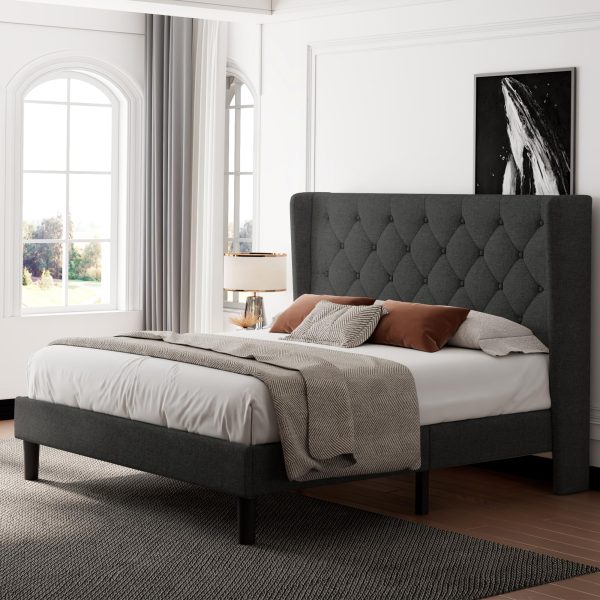 Feonase Full Size Bed Frame with Upholstered Wingback Headboard, Platform Bed and Heavy Duty Wooden Slats Support, Easy Assembly, Noise-Free, No Box Spring Needed, Dark Gray - Image 3
