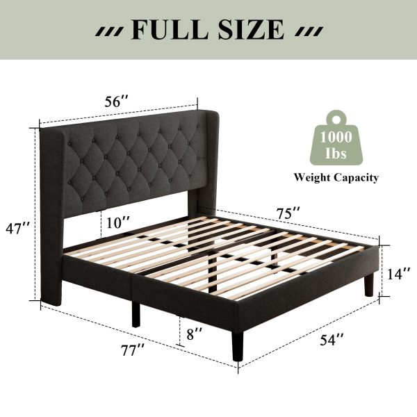 Feonase Full Size Bed Frame with Upholstered Wingback Headboard, Platform Bed and Heavy Duty Wooden Slats Support, Easy Assembly, Noise-Free, No Box Spring Needed, Dark Gray - Image 2